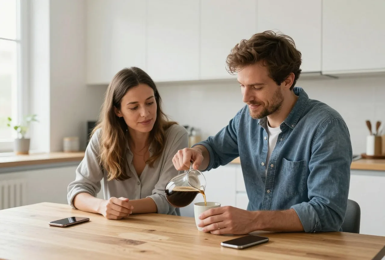 Mann in den Dreißigern schenkt seiner Partnerin am Morgen Kaffee ein, beide Handys liegen umgedreht auf dem Tisch
