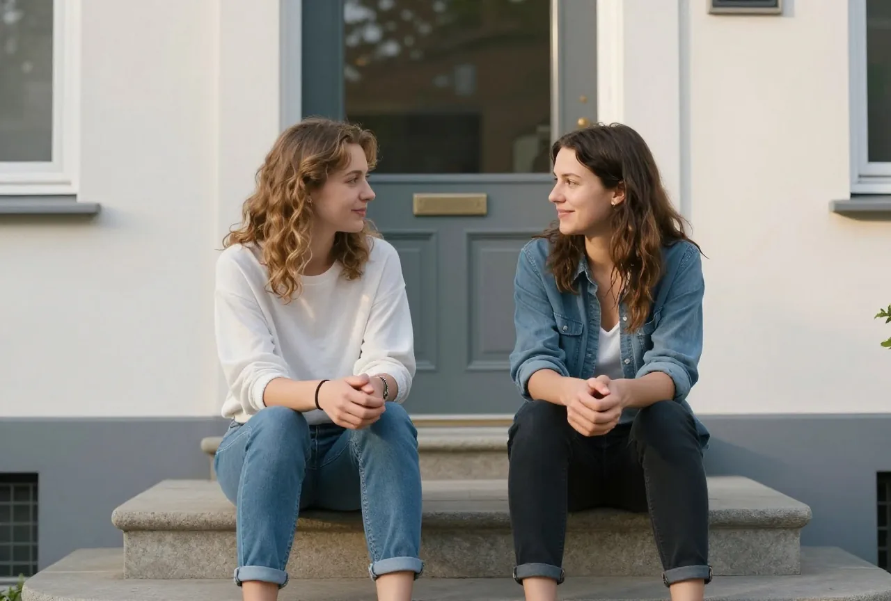 Zwei Frauen in den Dreißigern sitzen in der Abendsonne auf den Stufen vor einem Haus und reden