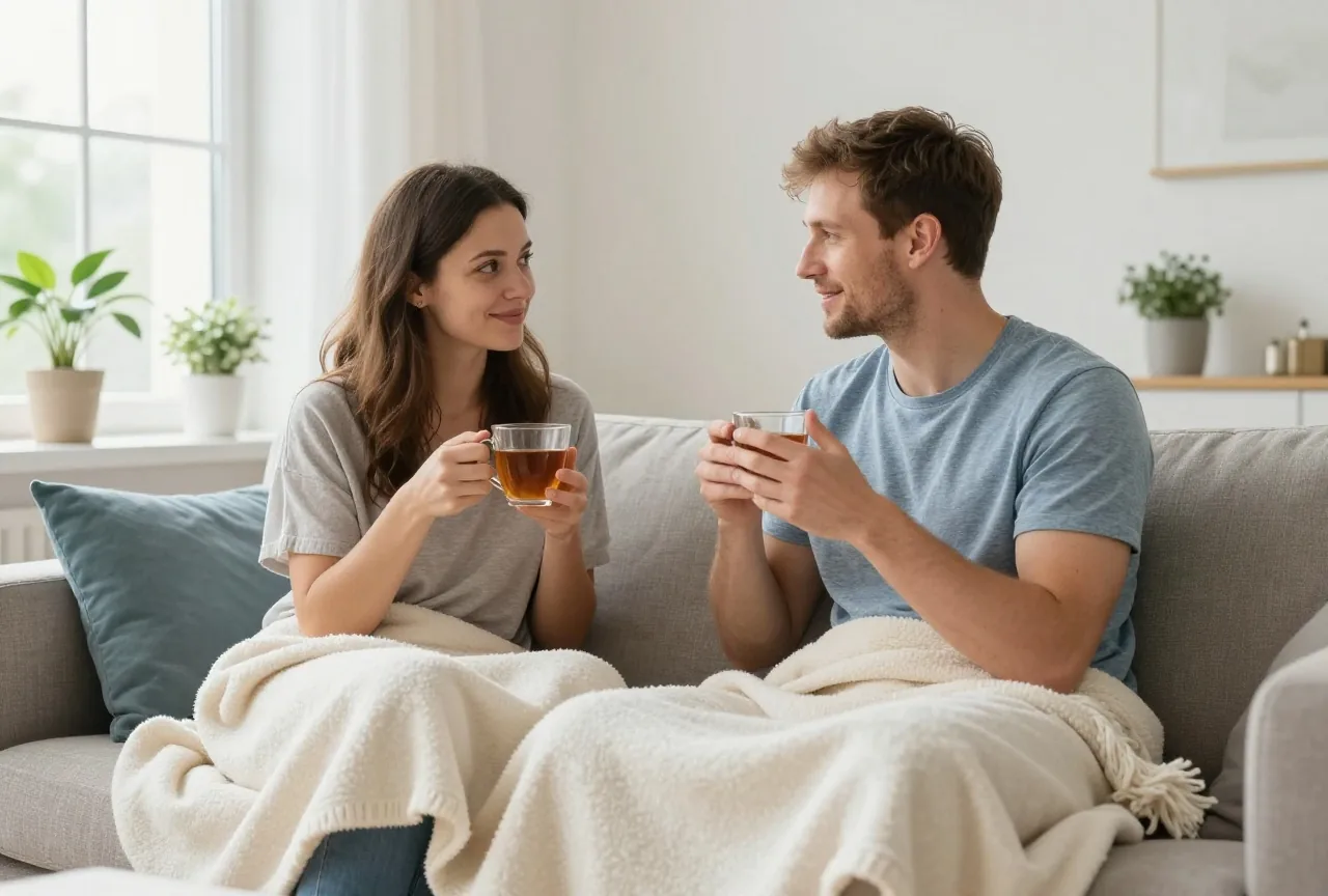 Paar in den Dreißigern sitzt am Nachmittag unter einer Wolldecke auf dem Sofa und trinkt Tee