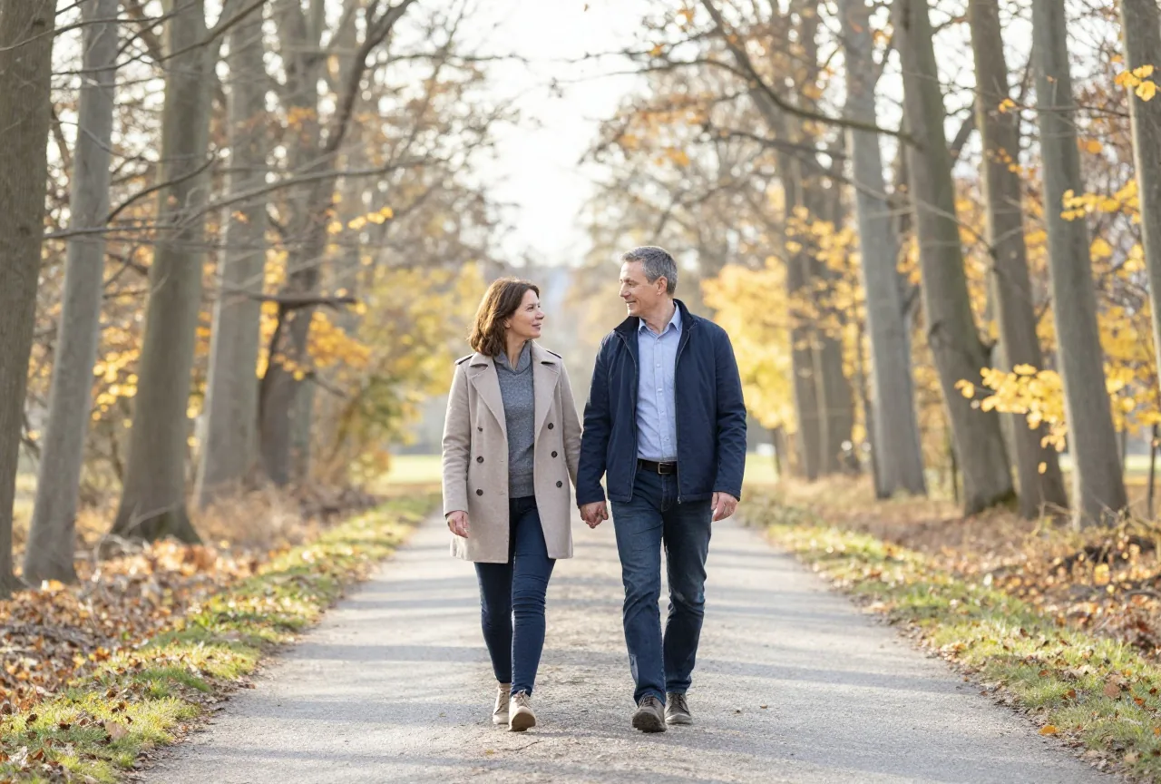 Paar in den Vierzigern geht am Herbstnachmittag Hand in Hand über einen Waldweg
