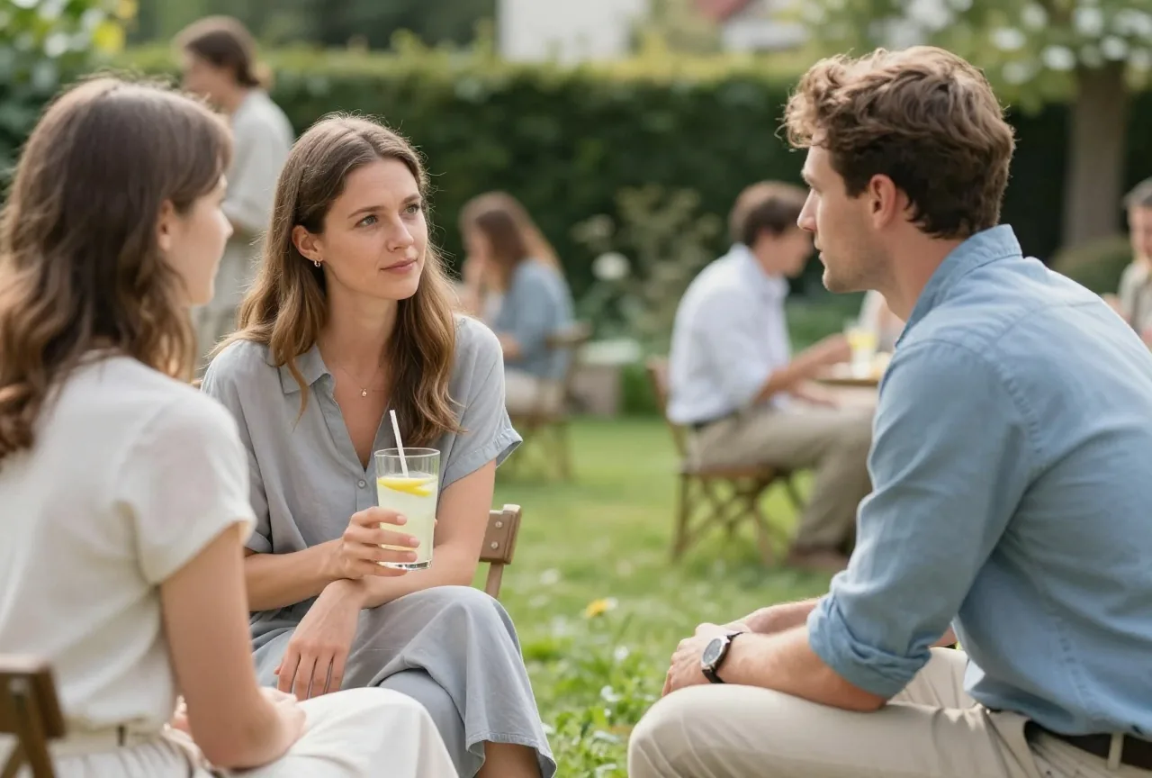 Frau in den Dreißigern hält auf einem Gartenfest ein Glas Limonade und beobachtet nachdenklich ihren Partner im Gespräch