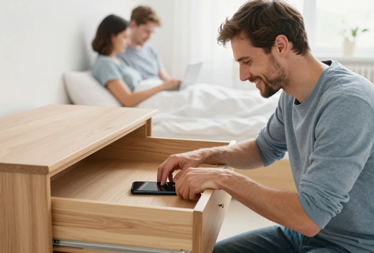 Mann in den Dreißigern legt am Morgen sein Handy mit dem Display nach unten in eine Schublade
