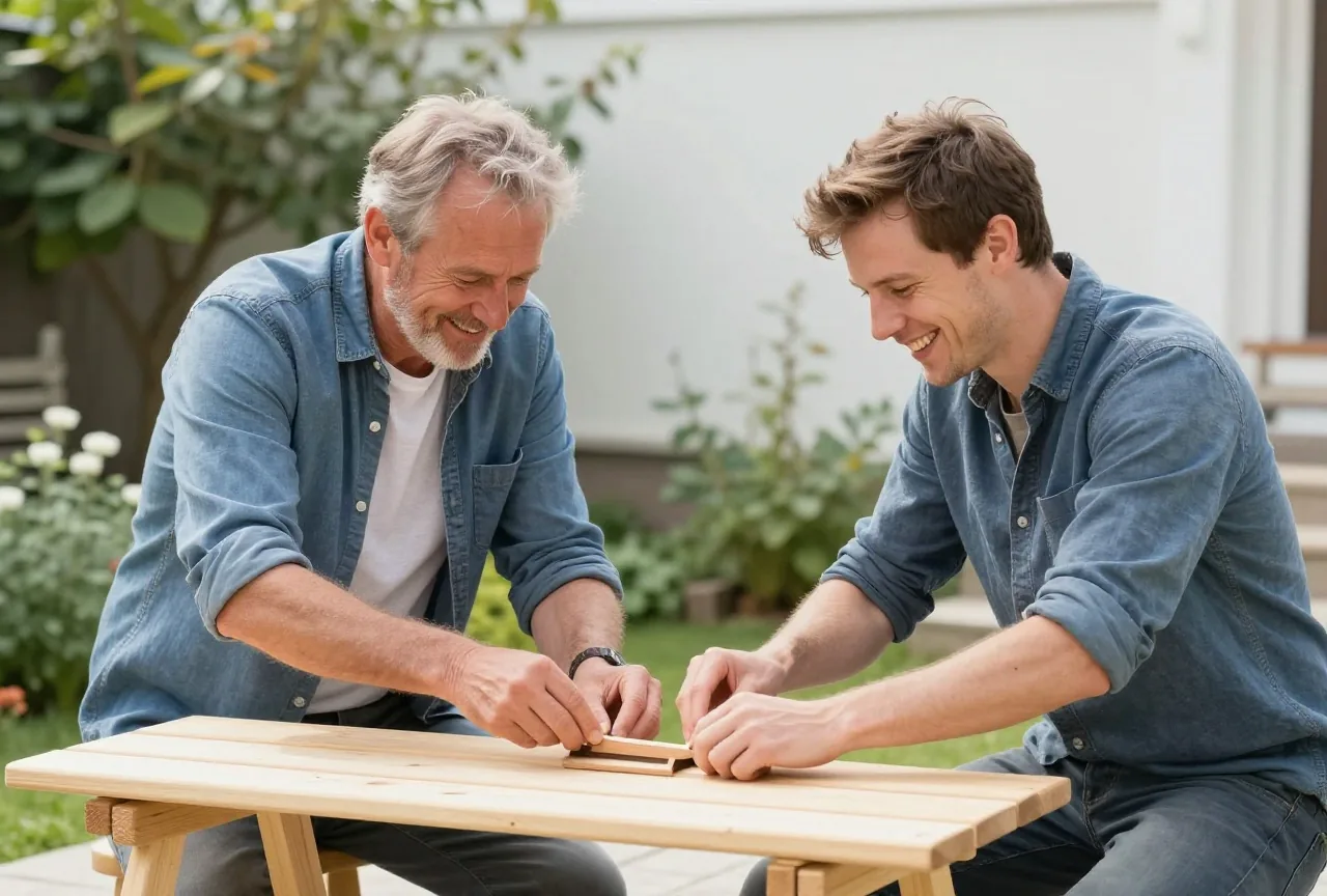 Vater in den Sechzigern und sein erwachsener Sohn bauen im sonnigen Garten gemeinsam eine Holzbank