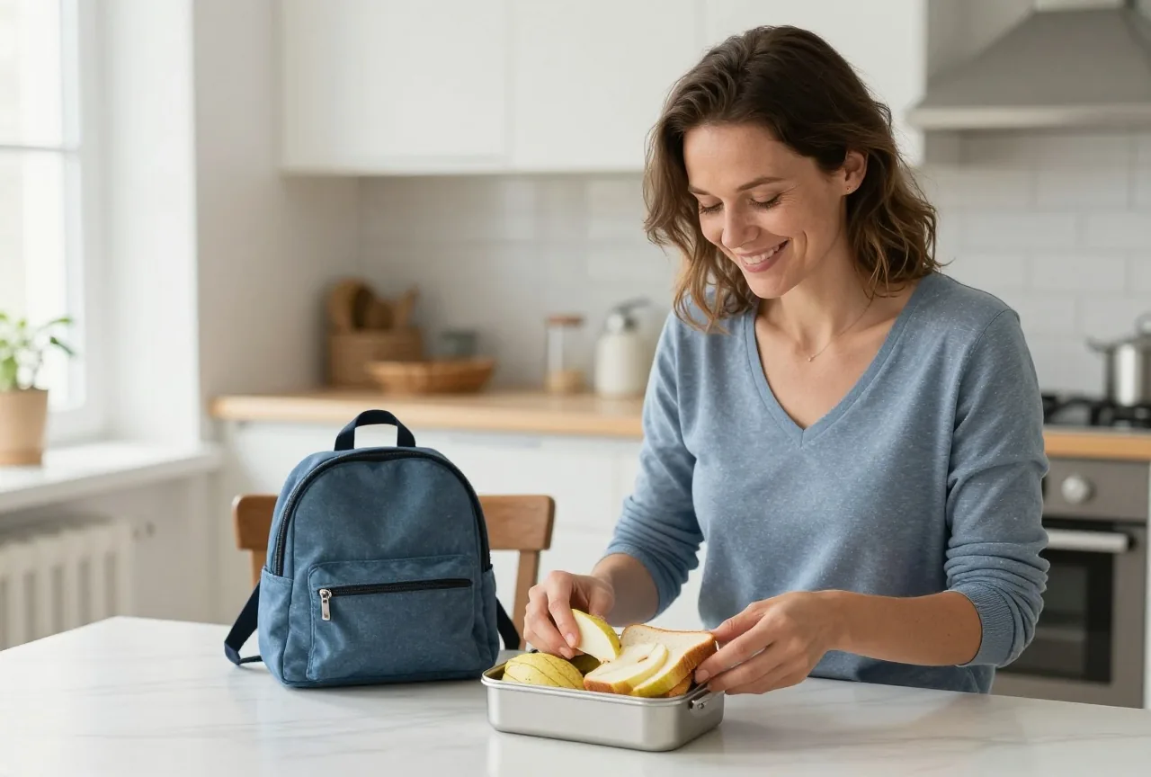 Mutter in den Dreißigern packt am Morgen in der Küche eine Brotdose mit Birnenstücken und Broten