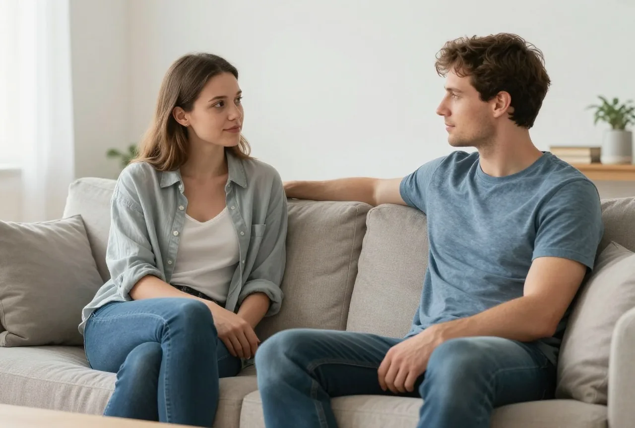 Frau Ende zwanzig sitzt am Nachmittag neben ihrem Partner auf dem Sofa und sieht ihn aufmerksam an