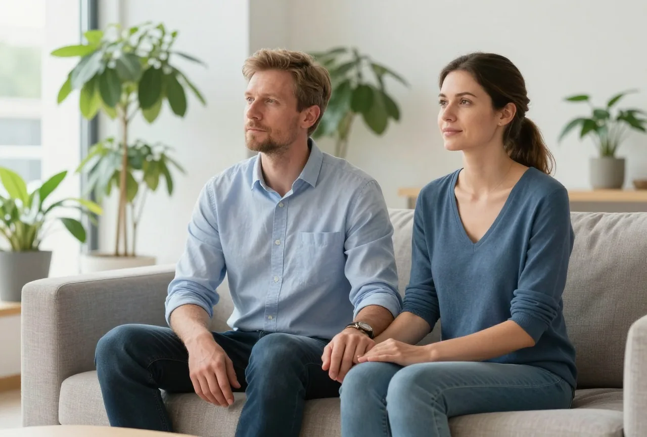 Vater in den Vierzigern und Mutter Ende dreißig sitzen in einem hellen Wartebereich Hand in Hand