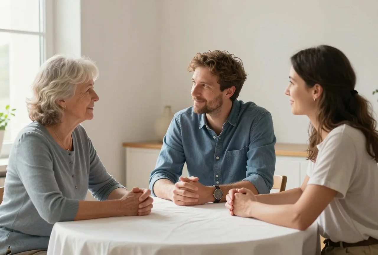 Drei Erwachsene aus drei Generationen sprechen am Nachmittag ruhig an einem gedeckten Esstisch miteinander