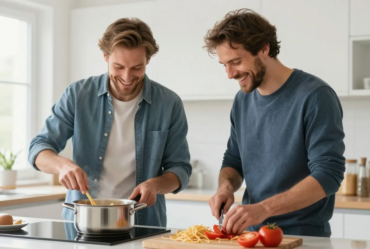 Zwei Freunde in den Vierzigern kochen in einer hellen Küche gemeinsam Nudeln und lachen