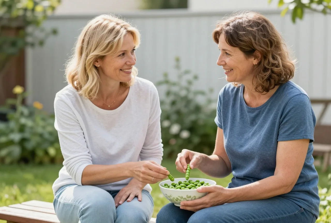 Zwei Frauen in den Fünfzigern sitzen auf einer Gartenbank, lösen Erbsen aus den Schoten und plaudern