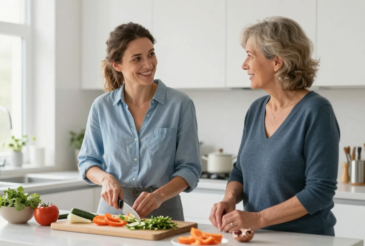 Frau in den Dreißigern bereitet mit ihrer älteren Schwester in der Küche das Abendessen vor und erzählt