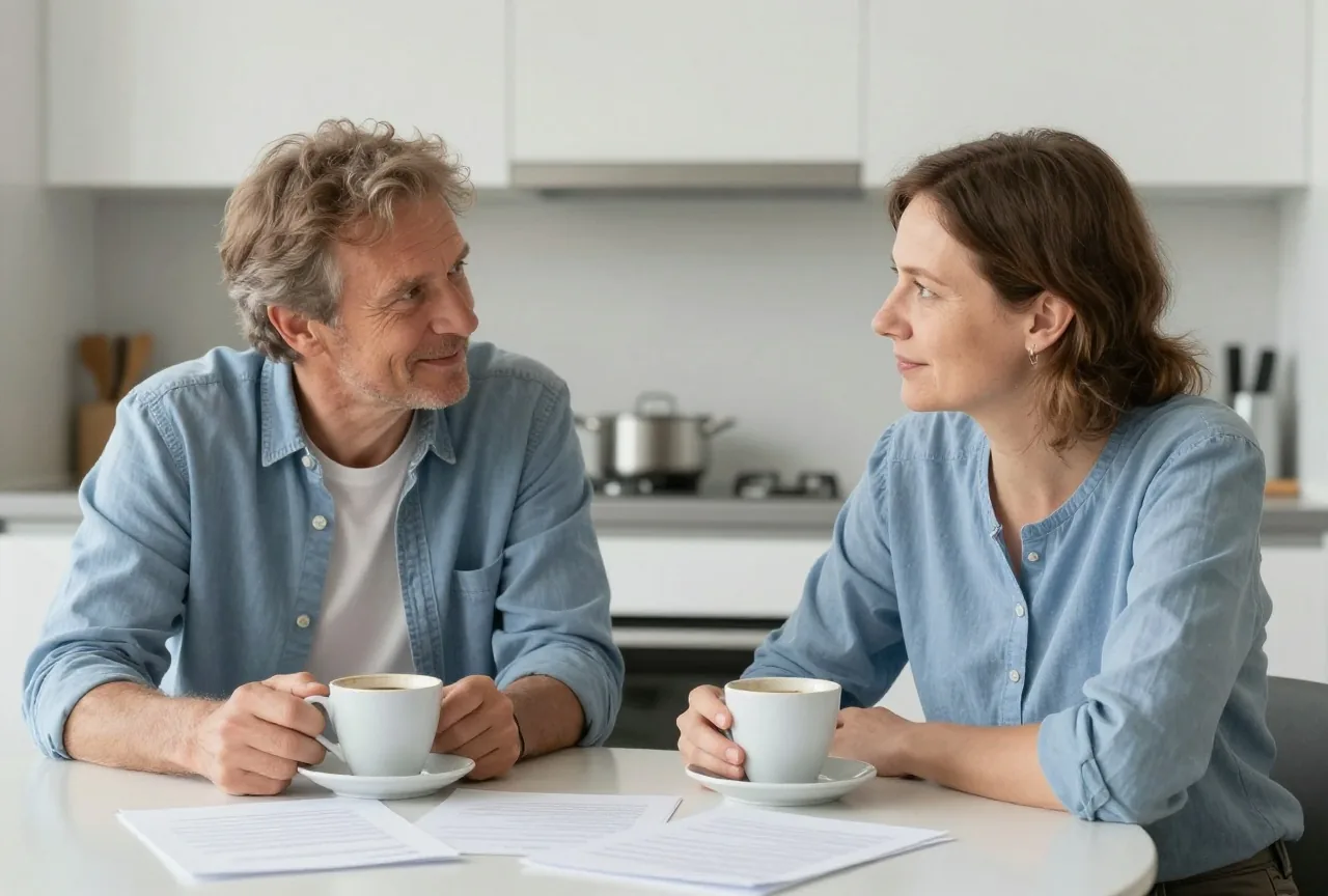 Bruder und Schwester in den Fünfzigern sprechen am Küchentisch bei Kaffee ernst und ruhig miteinander