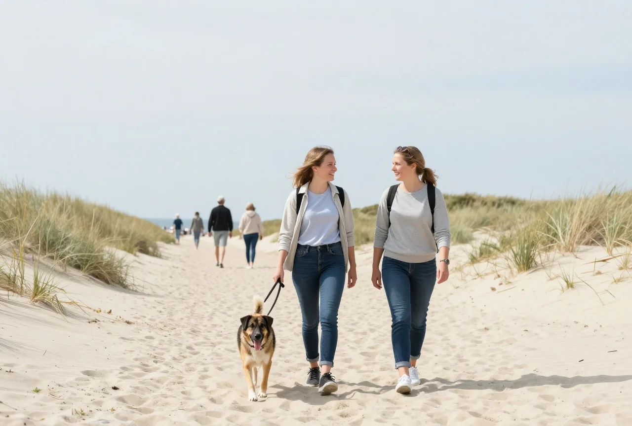 Zwei Schwestern in den Vierzigern gehen bei hellem Tageslicht mit einem Hund durch die Dünen