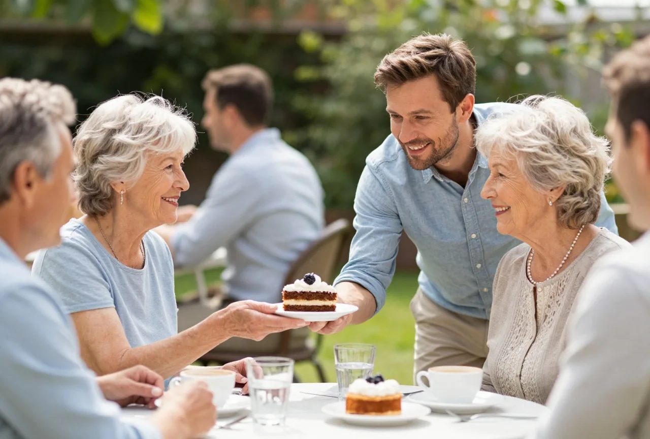 Mann in den Vierzigern lehnt an der Kaffeetafel im Garten freundlich ein zweites Stück Kuchen seiner Mutter ab