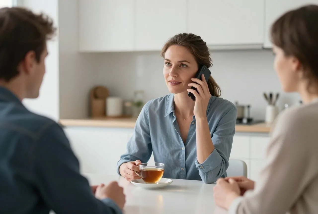 Frau in den Vierzigern sitzt am Nachmittag mit einer Tasse Tee am Küchentisch und telefoniert konzentriert