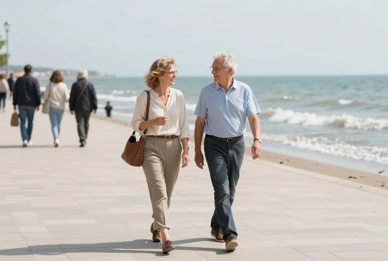 Paar in den Fünfzigern geht an der Strandpromenade entlang und unterhält sich lebhaft