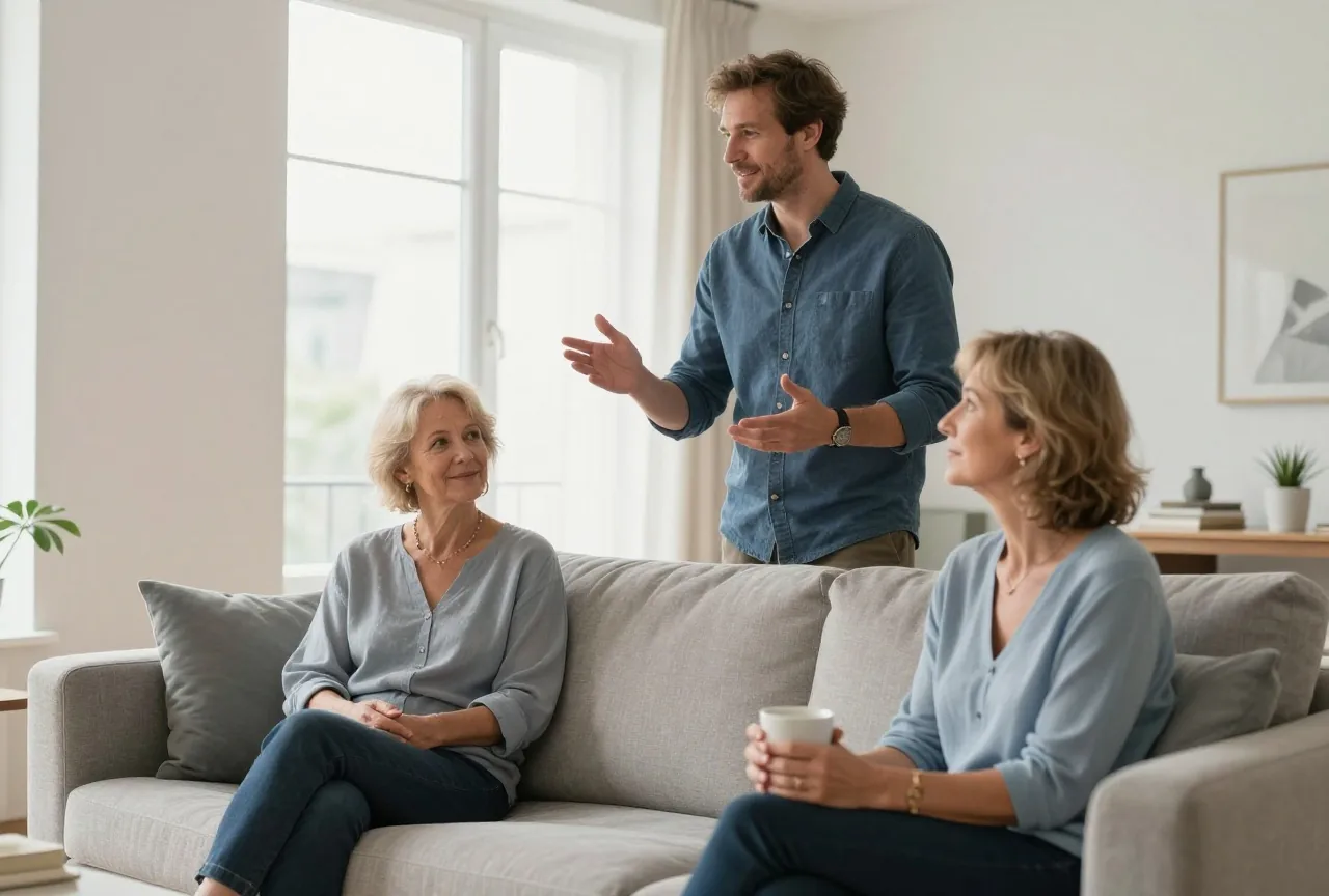 Mann in den Vierzigern redet im Stehen ausladend, seine Partnerin sitzt still mit einer Tasse auf dem Sofa