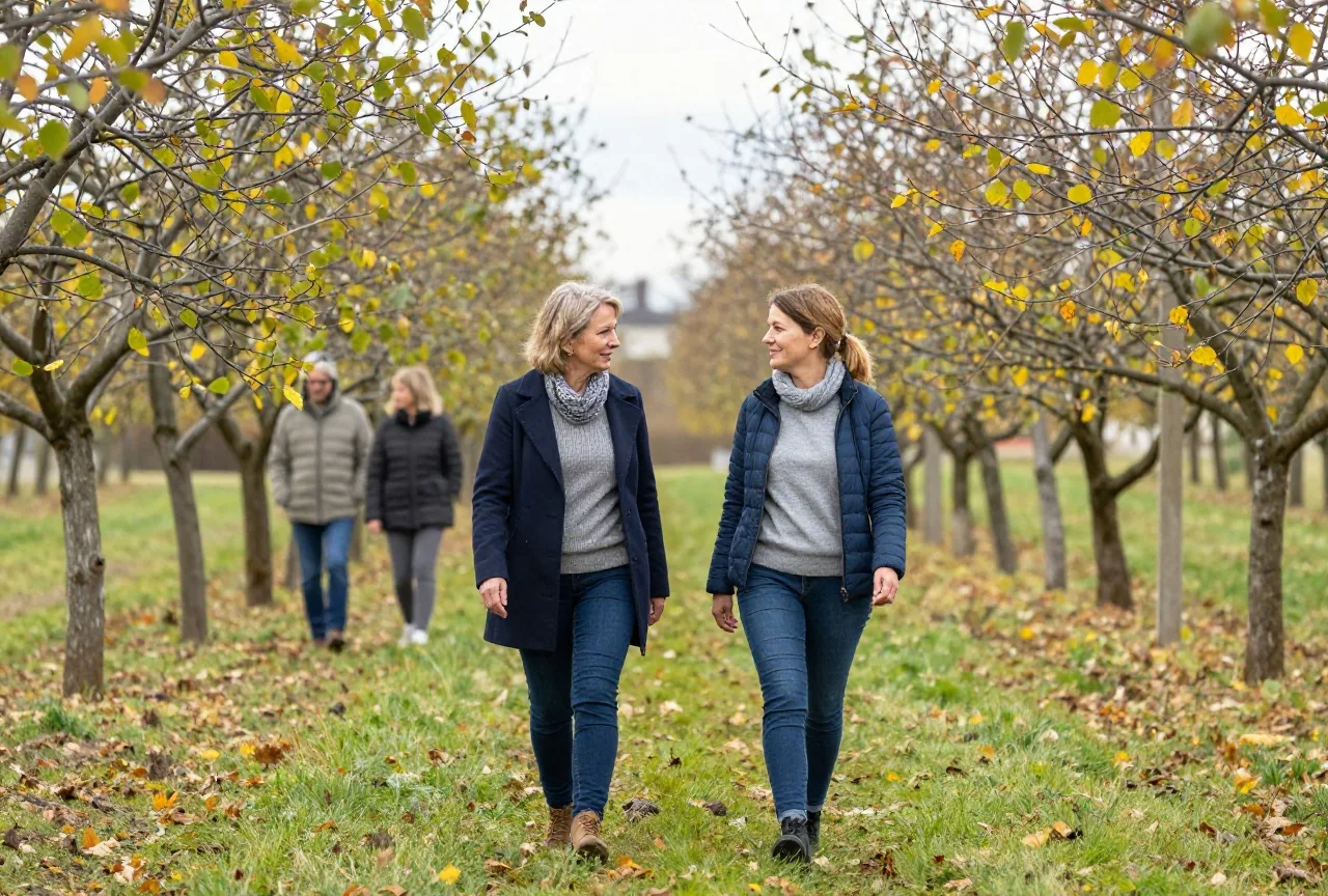 Frau in den Vierzigern geht an einem Herbsttag mit einer Freundin über eine Obstwiese und redet