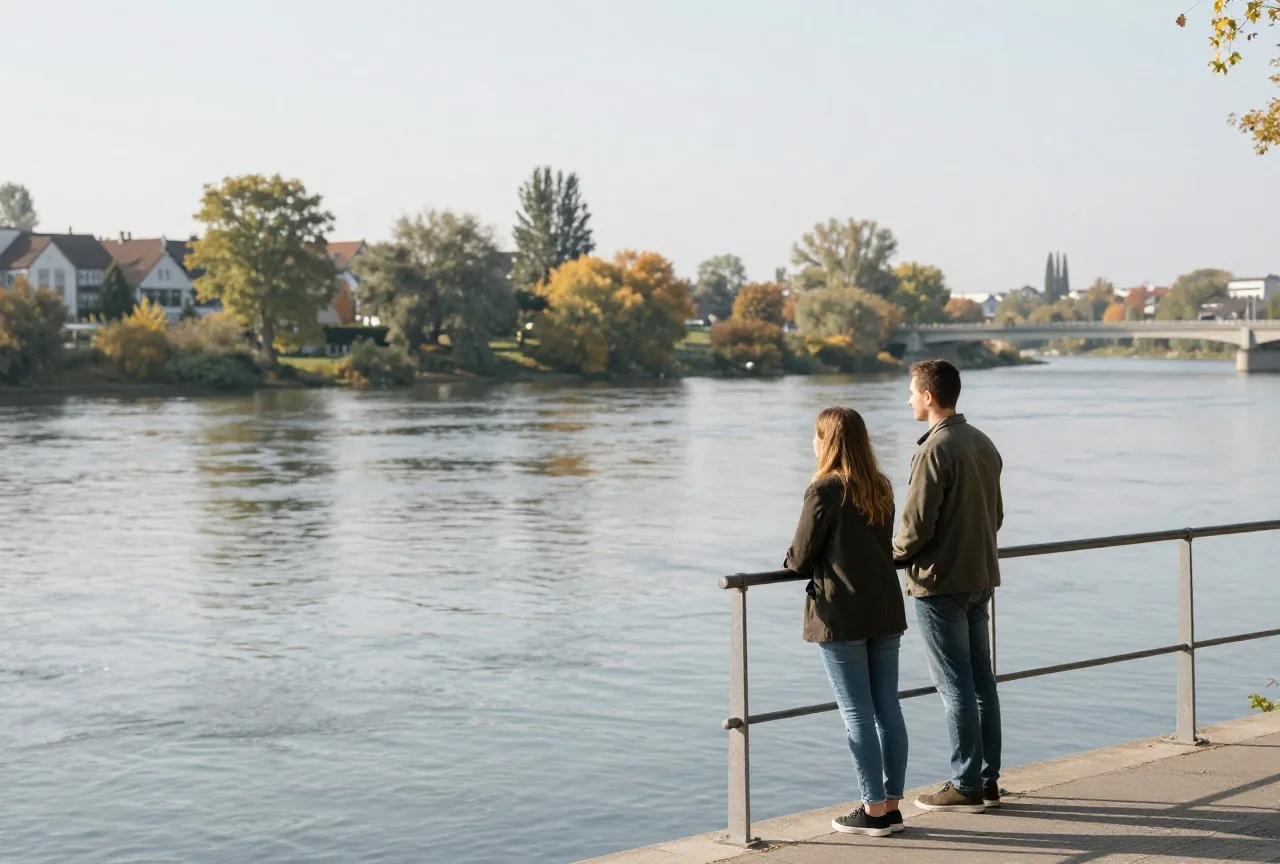 Paar in den Dreißigern steht an einem Herbsttag mit etwas Abstand am Geländer und schaut aufs Wasser