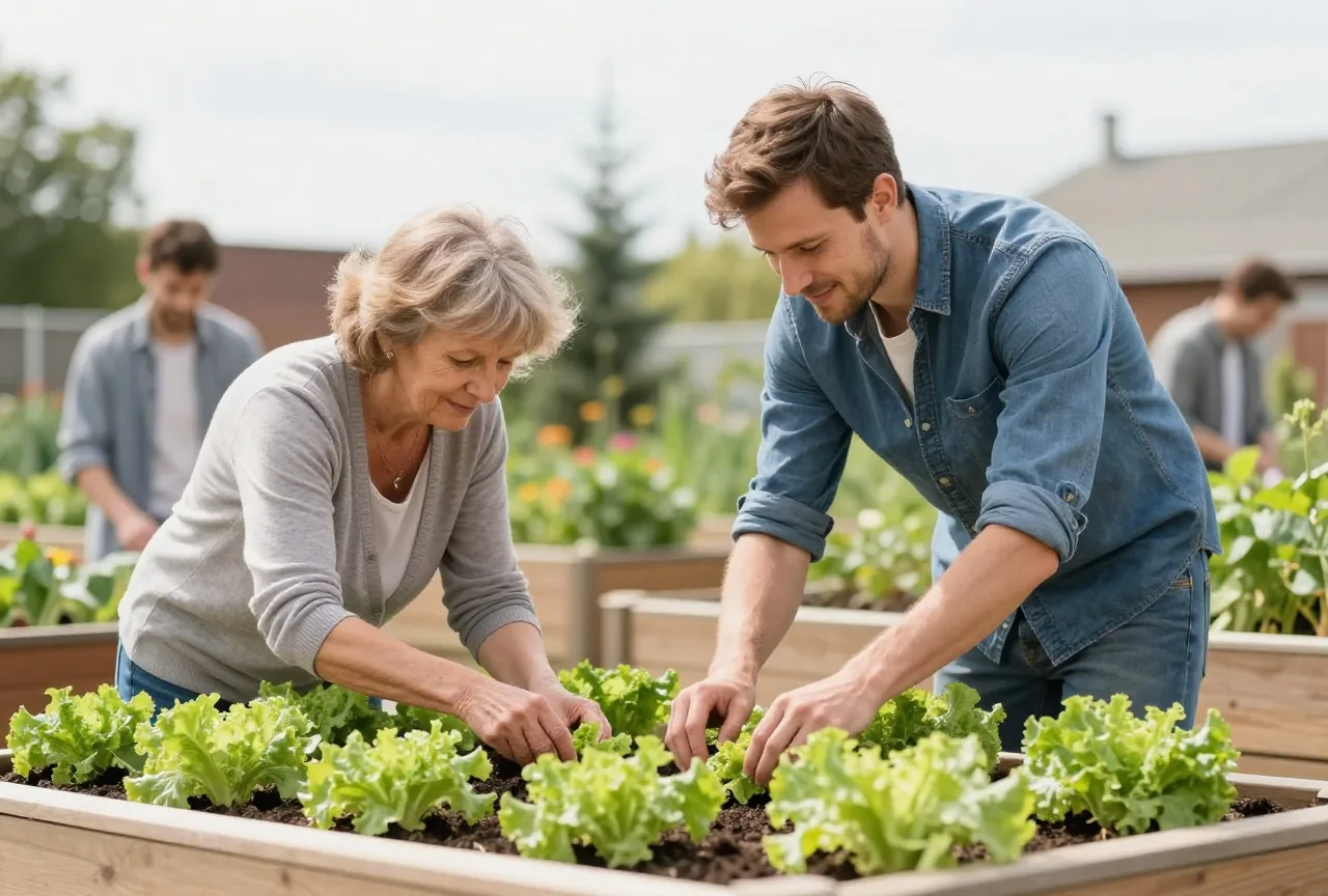 Frau in den Siebzigern und ein Mann in den Zwanzigern pflanzen im Gemeinschaftsgarten Salat ins Hochbeet