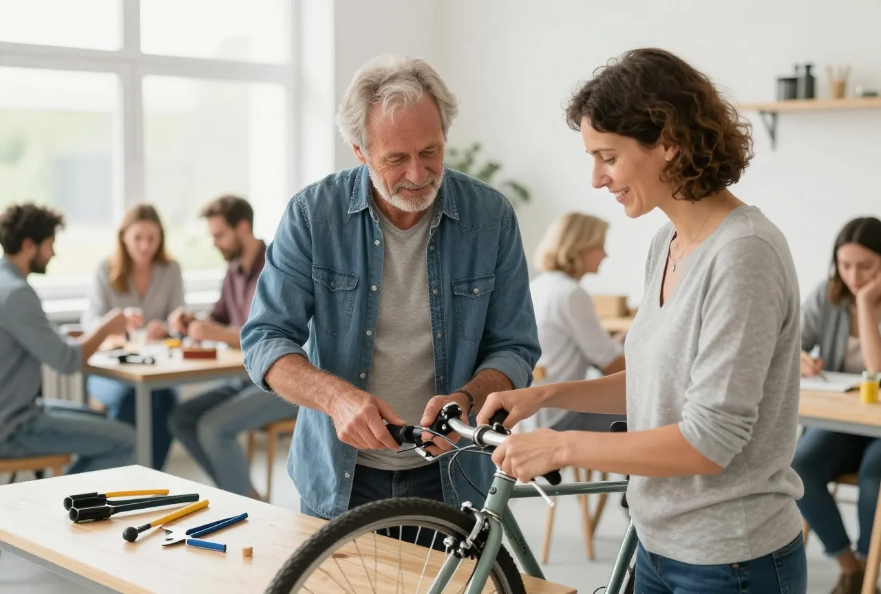 Mann in den Sechzigern zeigt einer Frau in den Dreißigern im Reparaturcafé, wie sie ihr Fahrrad repariert