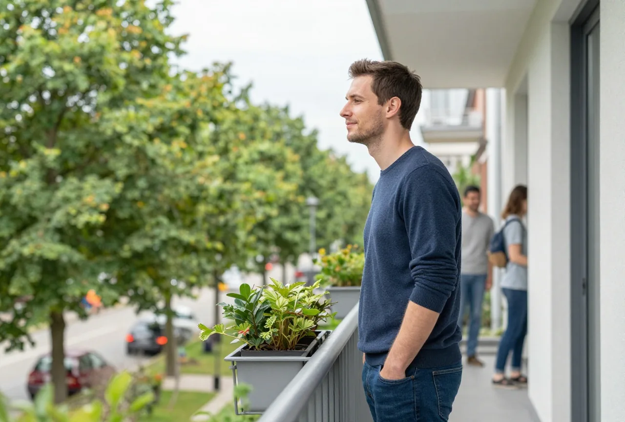 Mann in den Dreißigern steht auf dem Balkon zwischen Pflanzen und atmet mit Blick ins Grüne ruhig durch