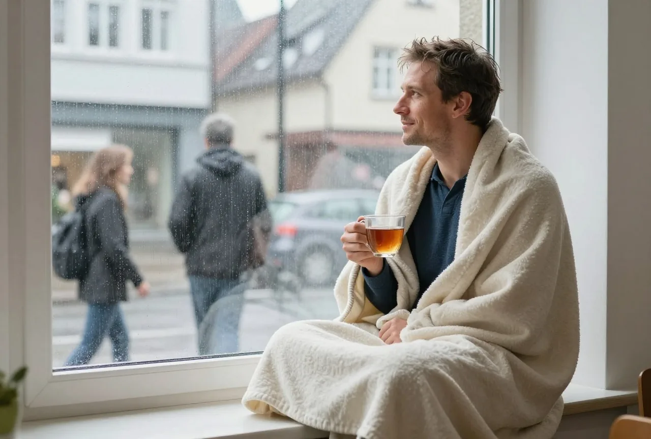 Mann in den Vierzigern sitzt an einem Regentag mit Decke und Teetasse am Fenster