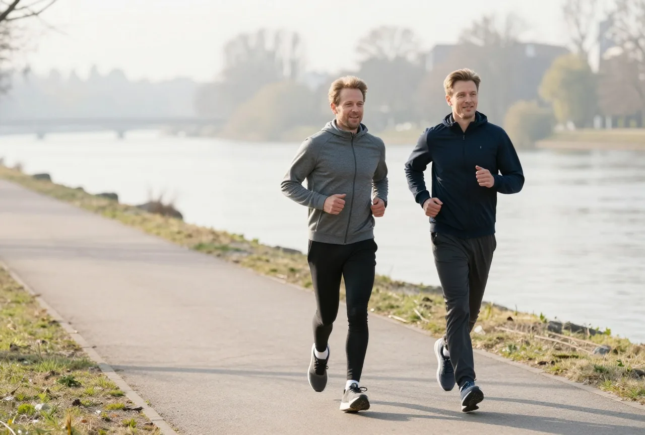 Zwei Freunde in den Vierzigern joggen am Morgen locker nebeneinander auf einem Uferweg