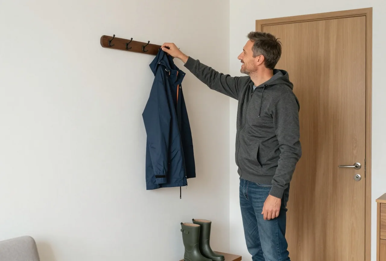 Vater in den Vierzigern hängt im Flur eine kleine Regenjacke an einen Haken neben Kindergummistiefel